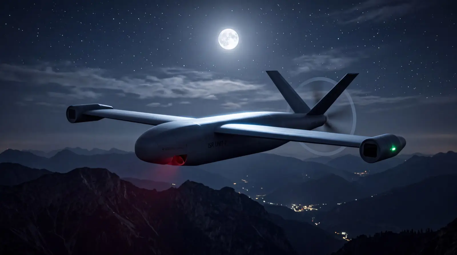 Concept render of the Argus autonomous drone in flight at night